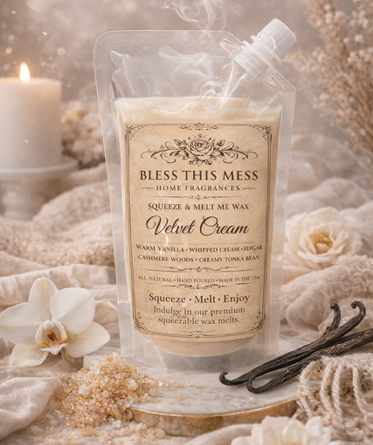 Bless This Mess wax melt pouch styled with vanilla and soft linens