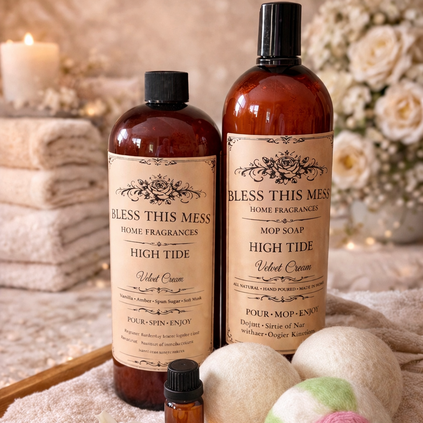Customer favourite fragrance bottles styled on towels